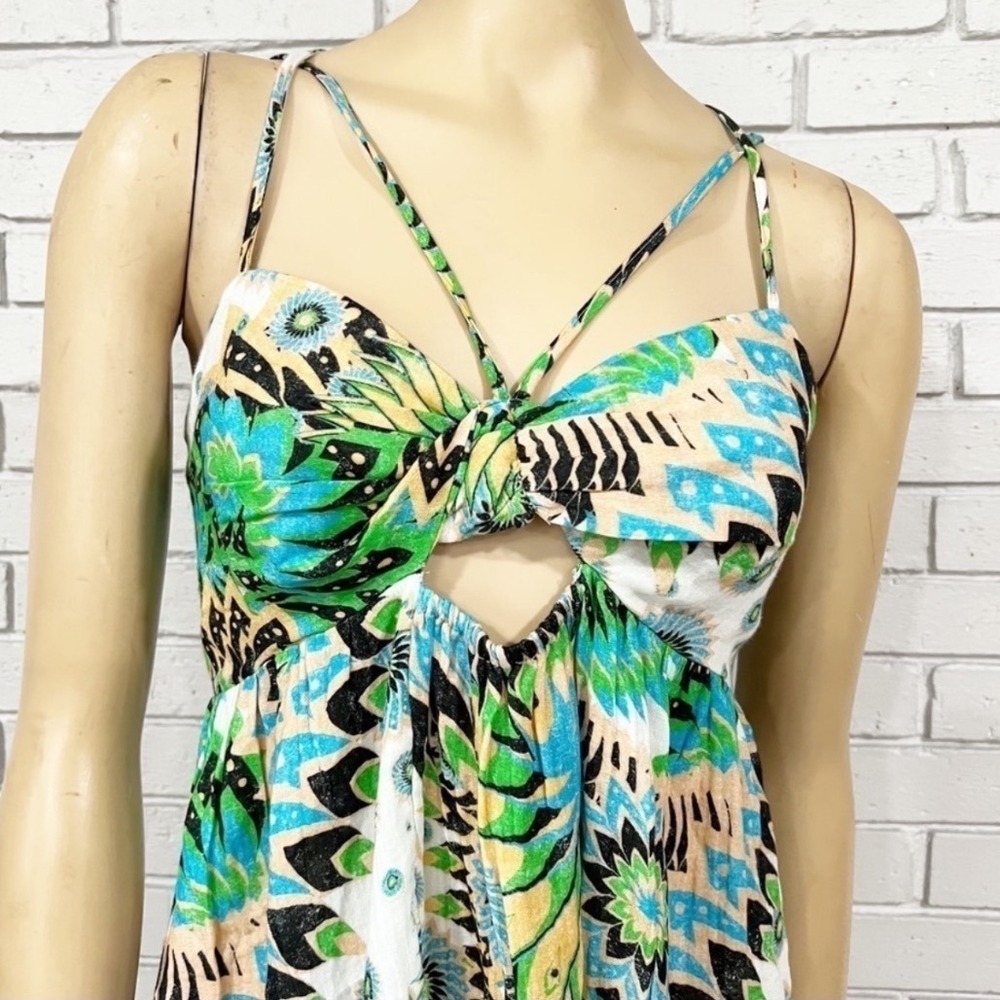Daily Practice Anthropologie Green Blue Geometric Floral Keyhole Mini Dress M - Picture 3 of 5